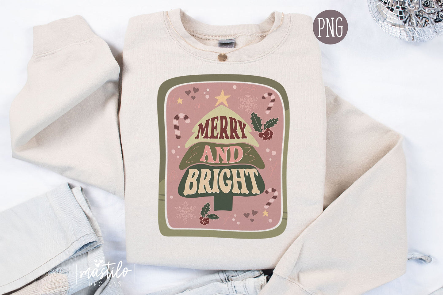 Merry and Bright Christmas Sublimation Designs, Trendy Christmas Png Design