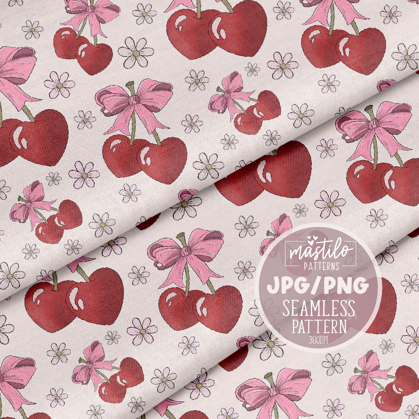 Summer Cherries and Bows Seamless Pattern, Coquette Girly seamless pattern