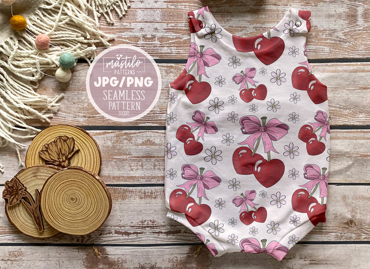 Summer Cherries and Bows Seamless Pattern, Coquette Girly seamless pattern
