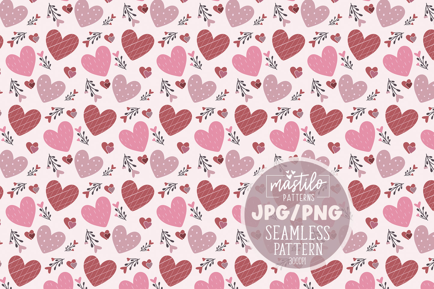 Boho Floral Hand-Drawn Valentine's Day Seamless Pattern - Pink Hearts for Sublimation & Fabric