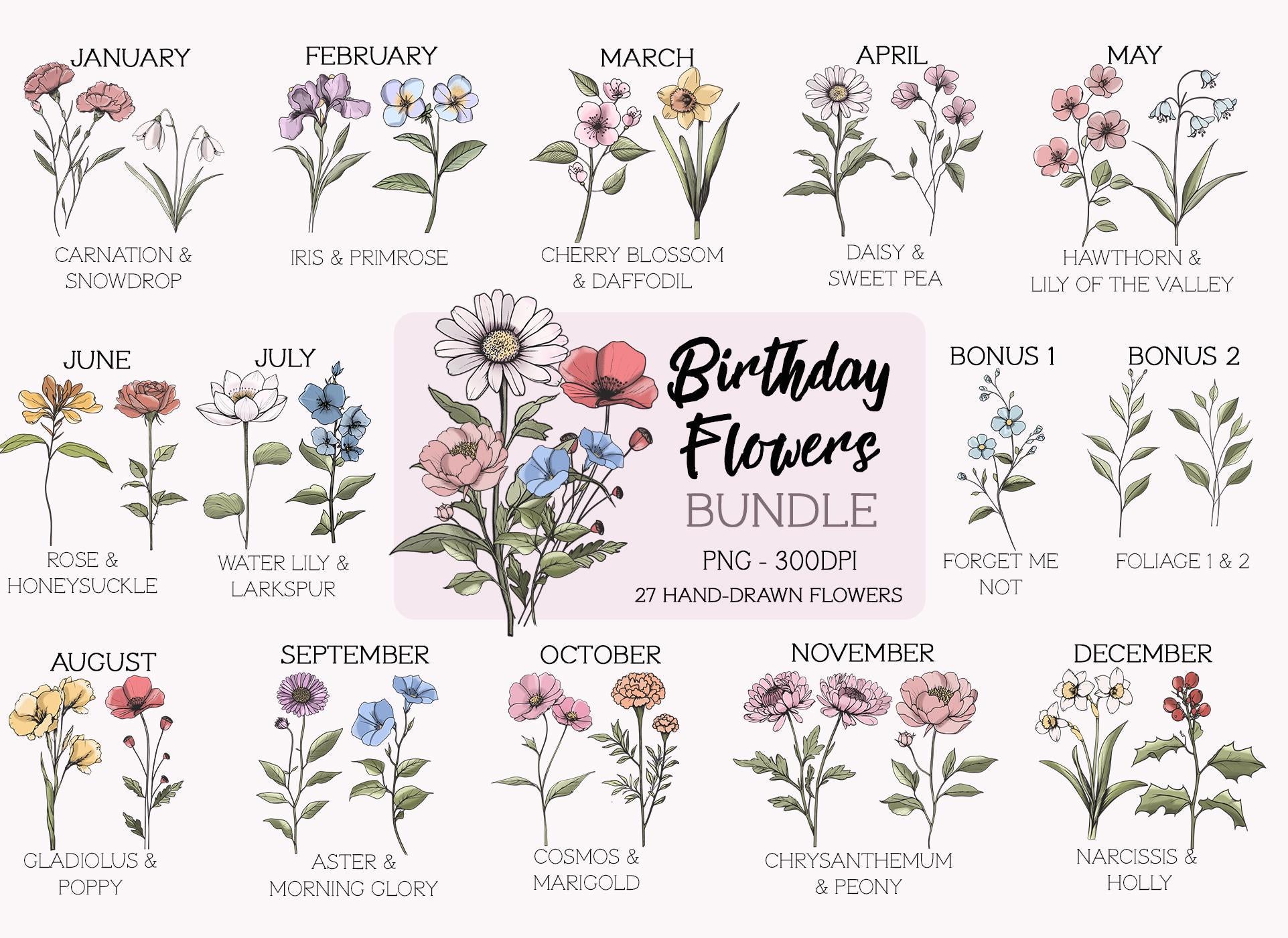 Birthday Flower PNG bundle, Birth Month Flowers Clipart, DIY Birth Month Flower Print Creator Kit, Botanical Clipart, Customize With Names
