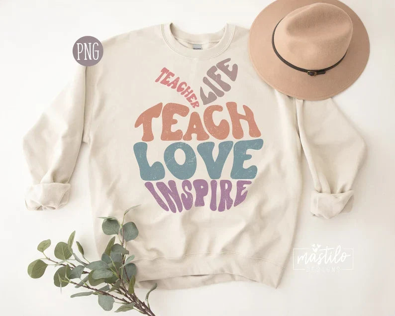 Teacher Sublimation Designs, Retro Teacher Png, Teach Love Inspire PNG