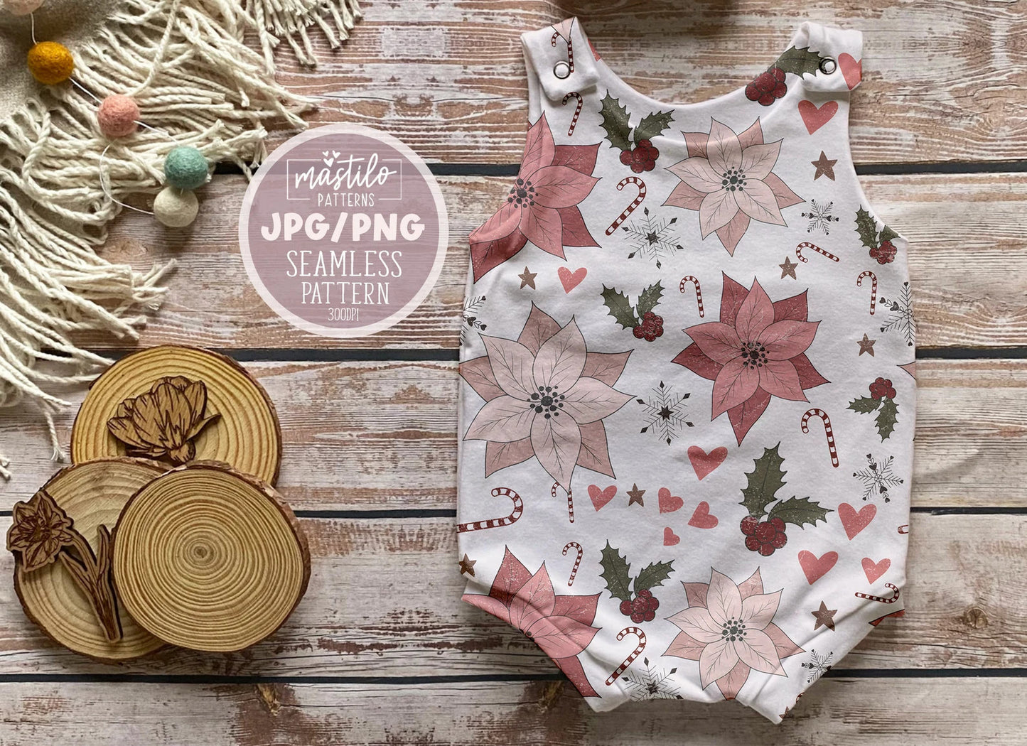 Boho Vintage Floral Christmas Seamless Pattern, Boho Christmas Pattern
