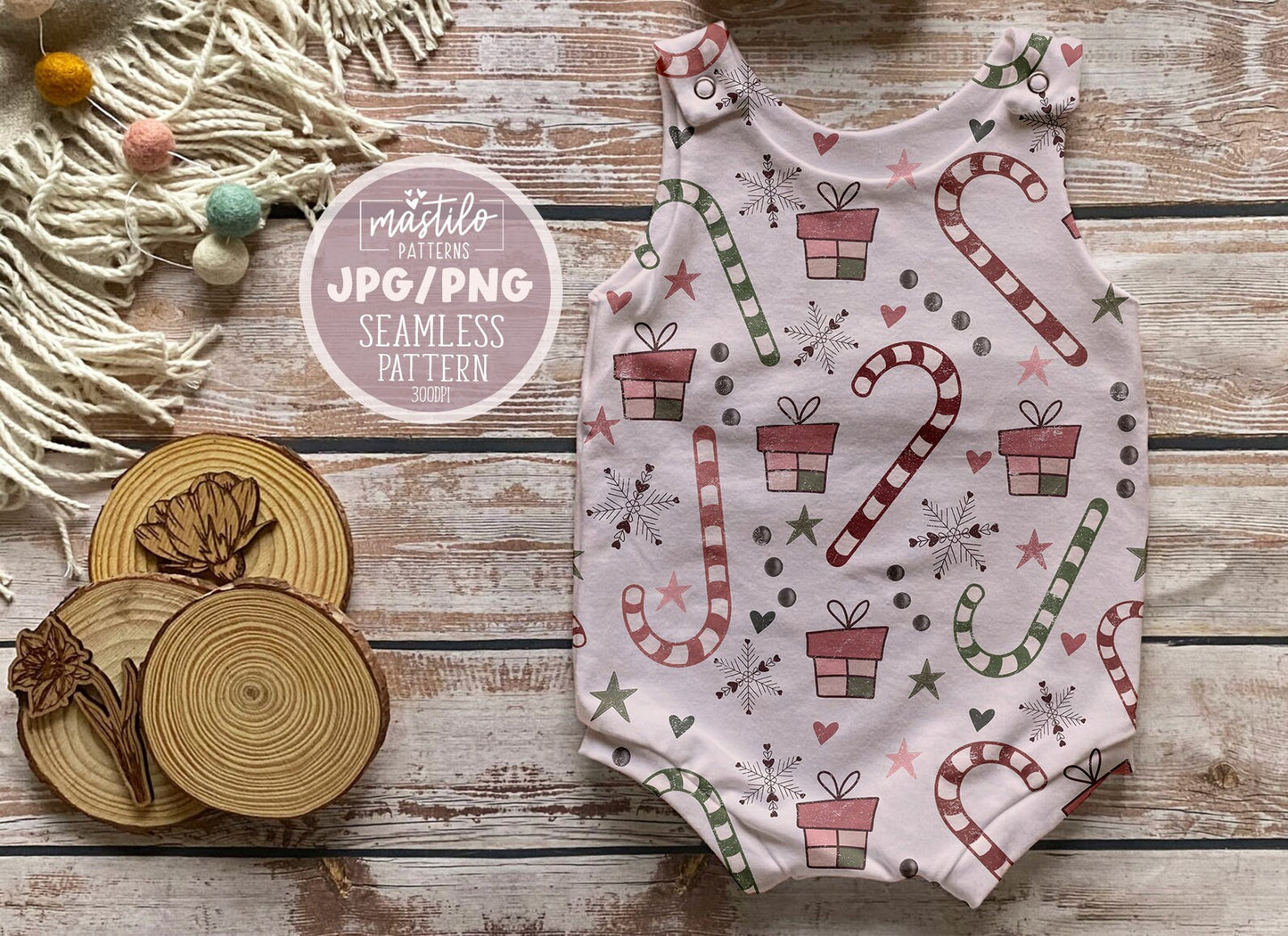 Boho Vintage Retro Candy Cane Christmas Seamless Pattern, Boho Christmas