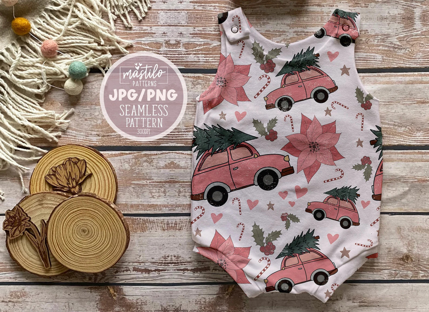 Boho Vintage Truck Christmas Seamless Pattern, Boho Christmas Pattern