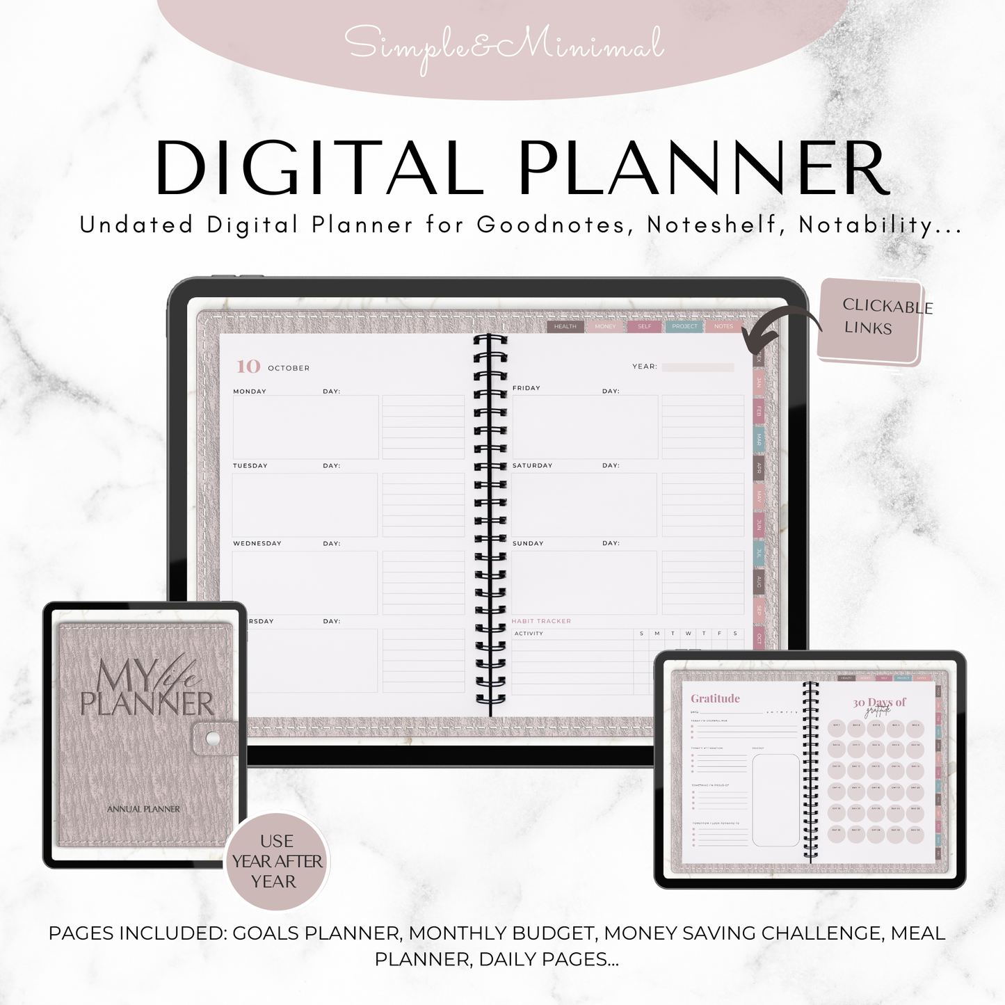 Undated Digital Planner Goodnotes, Digital Planner for Ipad