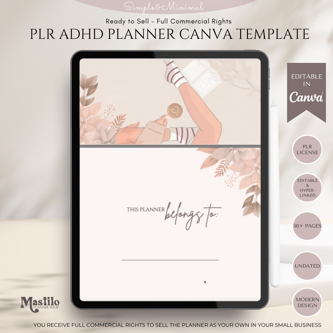 ADHD Planner, PLR Digital Planner, Editable Canva Planner
