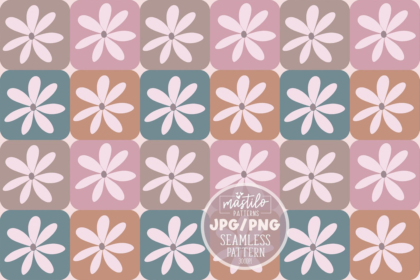 Retro Daisy Checker Seamless Pattern, Multi Color Checker Seamless