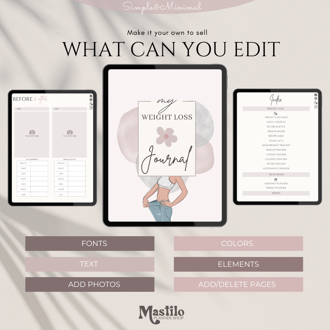 PLR Weight Loss Journal, Plr Fitness Journal, Editable Canva Journal Template