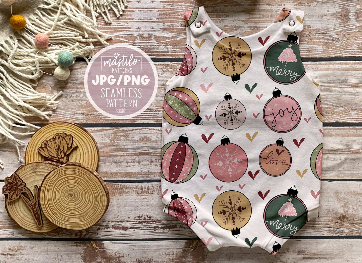 Boho Christmas Seamless Pattern, Christmas Ornaments Seamless