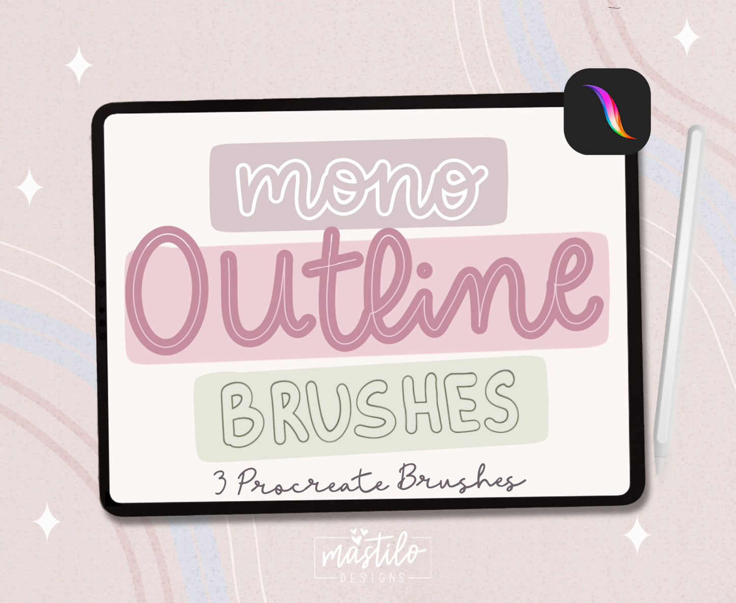 Monoline Outline Brush for Procreate on iPad, 3 Procreate Brushes, Lettering brush